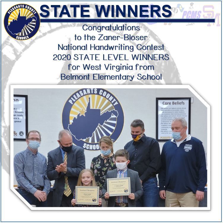 pictures of two students with the board of education for recognition for state level handwriting contest awards