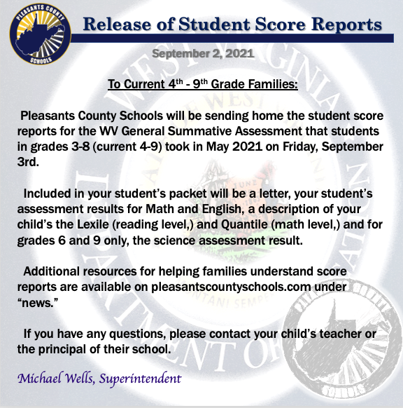 GSA score reports will go home on Friday, September 3.