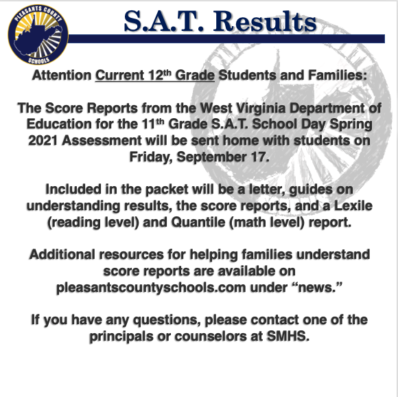 SAT Results will be sent home on Friday, Sept. 17
