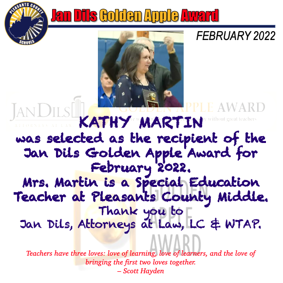Kathy Martin wins the Jan Dils Golden Apple Award for February 2022.