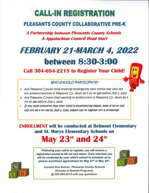 PreK Preregistration and Enrollment Pleasants County Schools
